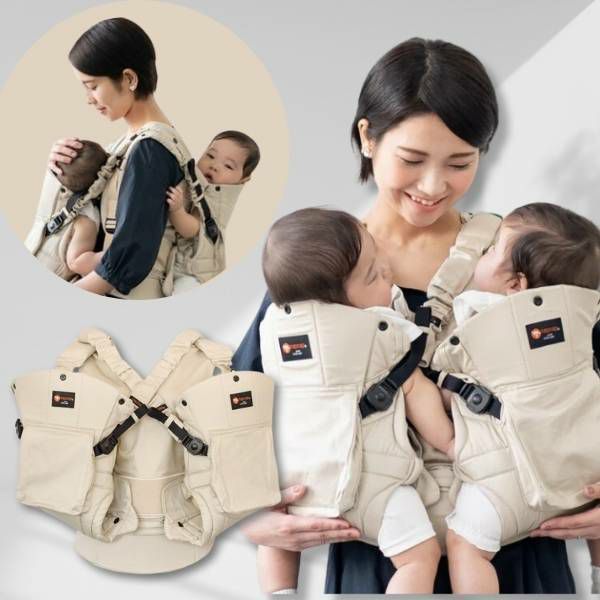 【双子用抱っこ紐】napnap(ナップナップ)ベージュ ふたごのおんぶ抱っこ組み合わせ可のおすすめ世界初ツインズキャリー イニシャルチャーム2個セット