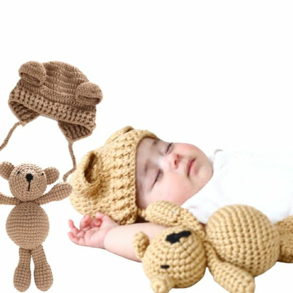 ニューボーンフォト セルフ 新生児写真 ベビー赤ちゃんフォト衣装 くまさんとくま耳ニット帽子