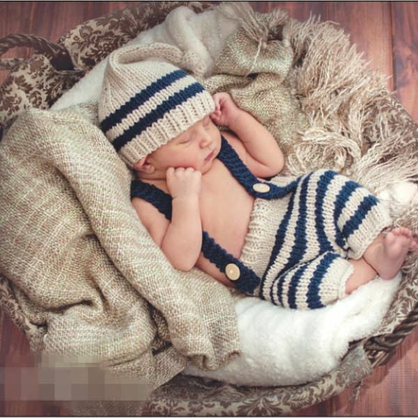 ニューボーンフォト セルフ(新生児写真)衣装【サスペンダー付きパンツと帽子】新生児1ヵ月2ヵ月3ヵ月