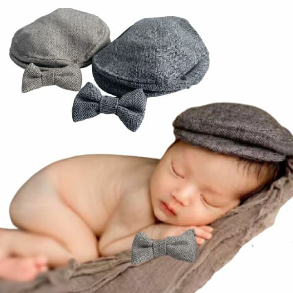 ニューボーンフォト セルフ 新生児写真 衣装 ハンチング帽子と蝶ネクタイ 男の子新生児1ヵ月