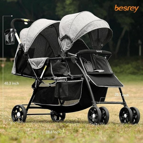 二人乗りベビーカー【besrey(ベスレイ)】双子 年子 2歳差 兄弟姉妹用のAB型、新生児から36か月まで使える人気の2人乗りベビーカー。折りたたみ簡単ワンタッチ開閉、縦型おしゃれでシンプル、安心のドイツ発ブランド。 レインカバーとドリンクホルダー付き！1000-55-01