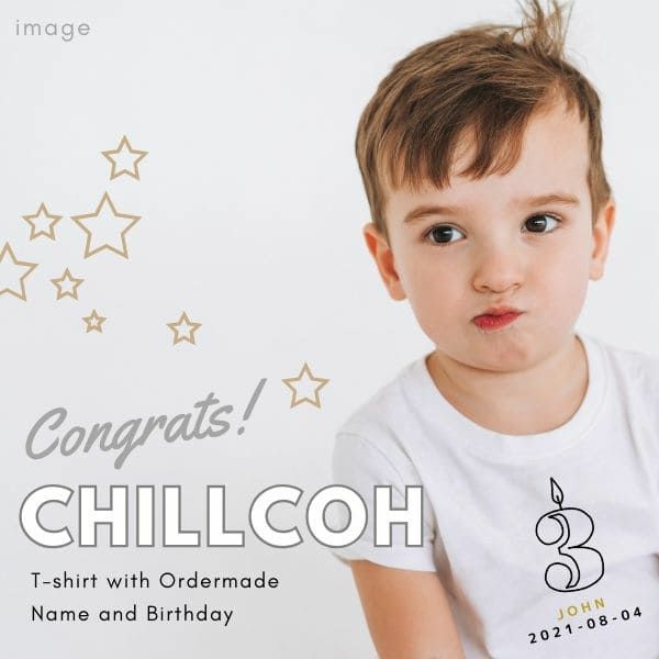 CHILLCOH(チルコ)【3歳4歳5歳6歳バースデーTシャツ】名入れギフト誕生日キッズ・衣装・アイテム(男の子女の子)90・100・110・120サイズ 兄弟姉妹におしゃれでかわいいTシャツ白(着替え着脱簡単)普段着、キッズフォトセルフ、誕生日会やフォーマル着にも活躍コーデ 【オーダーメイド】1000-44-15