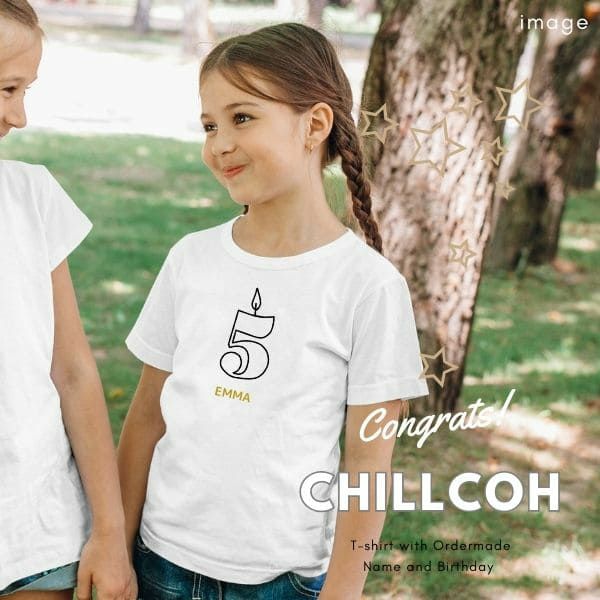 CHILLCOH(チルコ)【3歳4歳5歳6歳バースデーTシャツ】名入れギフト誕生日キッズ・衣装・アイテム(男の子女の子)90・100・110・120サイズ 兄弟姉妹におしゃれでかわいいTシャツ白(着替え着脱簡単)普段着、キッズフォトセルフ、誕生日会やフォーマル着にも活躍コーデ 【オーダーメイド】1000-44-15