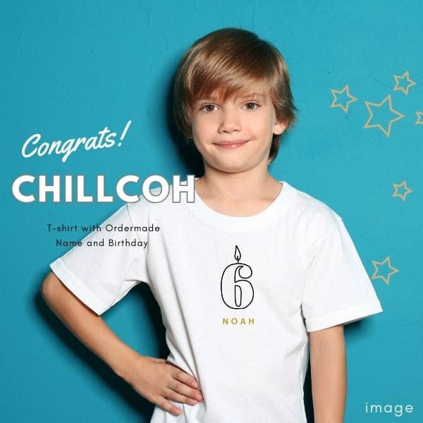 CHILLCOH(チルコ)【3歳4歳5歳6歳バースデーTシャツ】名入れギフト誕生日キッズ・衣装・アイテム(男の子女の子)90・100・110・120サイズ 兄弟姉妹におしゃれでかわいいTシャツ白(着替え着脱簡単)普段着、キッズフォトセルフ、誕生日会やフォーマル着にも活躍コーデ 【オーダーメイド】1000-44-15