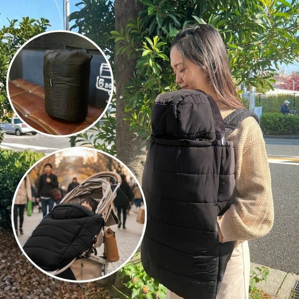 防寒ケープ(抱っこ紐ヒップシート ベビーカー対応)赤ちゃん新生児から1歳2歳3歳 寒さ対策 【暖か軽い洗える】多機能 撥水加工のサーモライトエコメイド エアバギー【ジェットブラック】1000-63-02